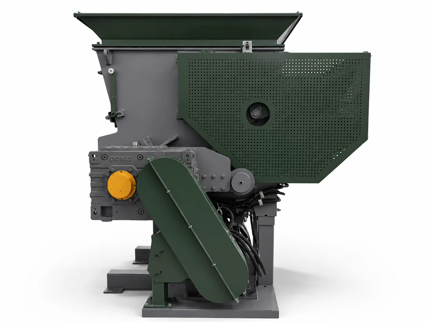 Swing-arm ram and drawer feed chamber of a single-shaft shredder, drive side