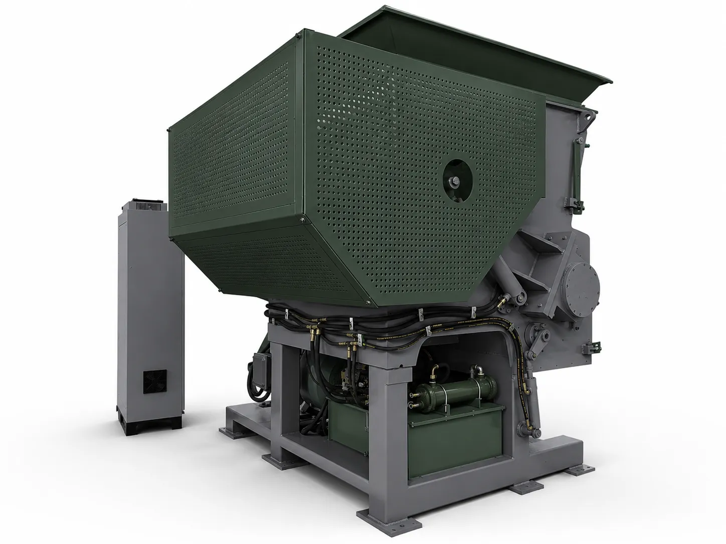 Hydraulic power unit and control cabinet feeding the single-shaft shredder