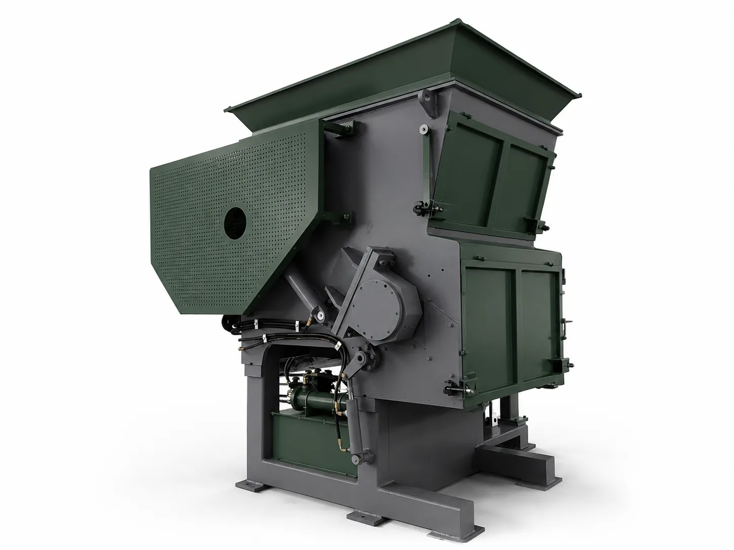 Hydraulic drawer single-shaft shredder with swing arm ram