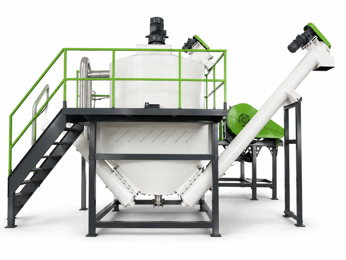 Plastic hot washing silo for an integrated washing line