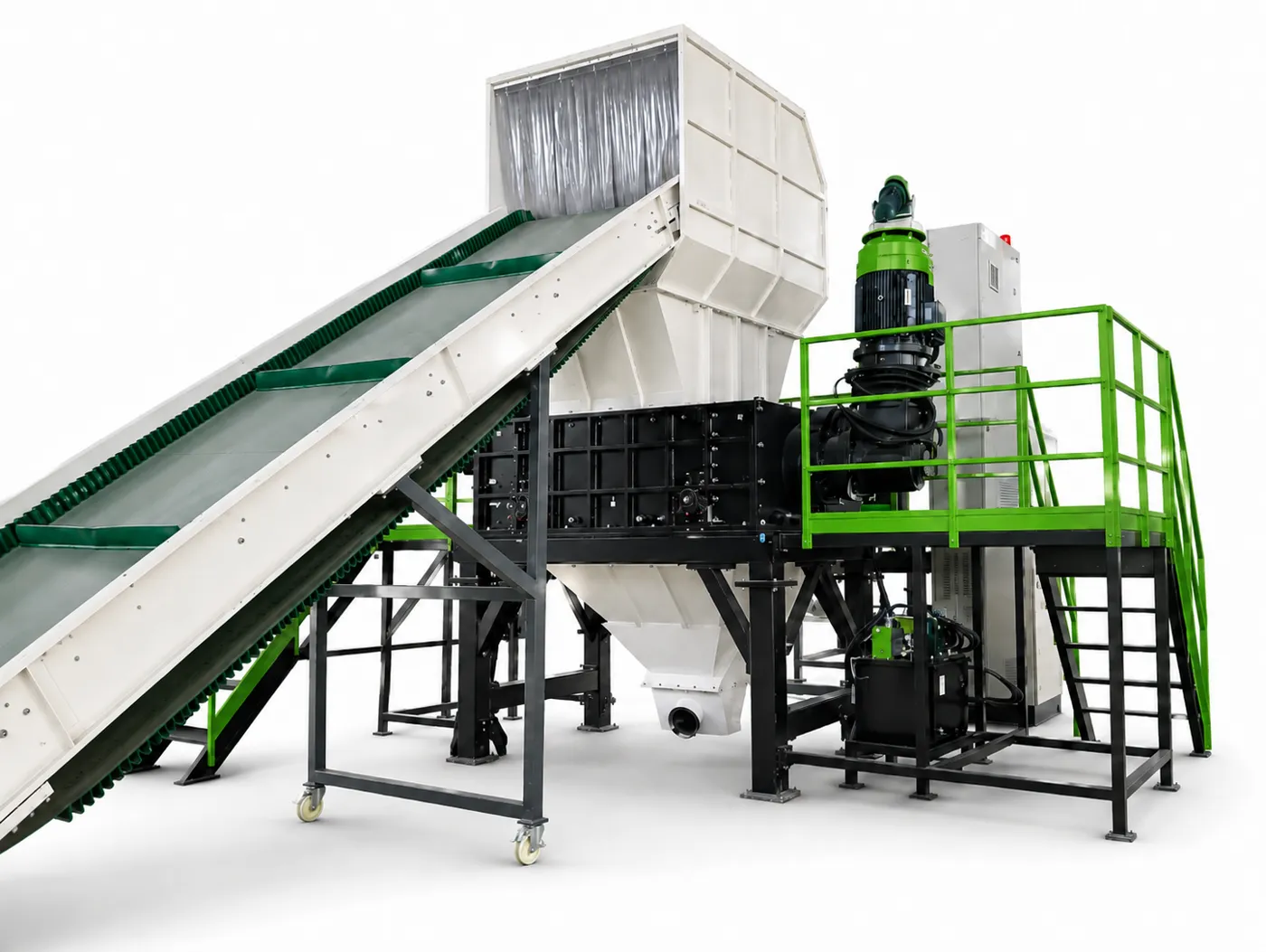 Plastic shredder with conveyor feeding an integrated washing line